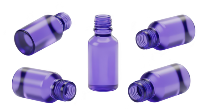 Purple glass bottles arranged on a white surface showing various angles; possible for cosmetic or essential oil packaging