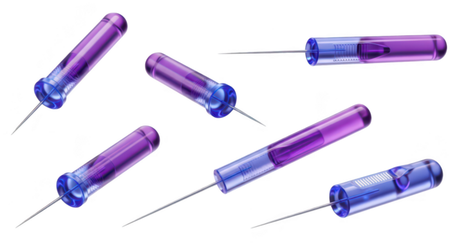 Sterile purple-hued medical needles arranged in multiple orientations against a plain white backdrop; suitable for pharmaceutical imagery