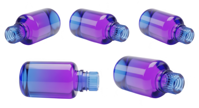 Glass bottles arrayed at different angles showing colorful product details in a studio setting against white background usable for cosmetic or pharmaceutical packaging