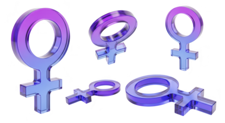 3D rendering of multiple translucent female symbols scattered on a white backdrop symbolizing womanhood and representing gender studies concepts