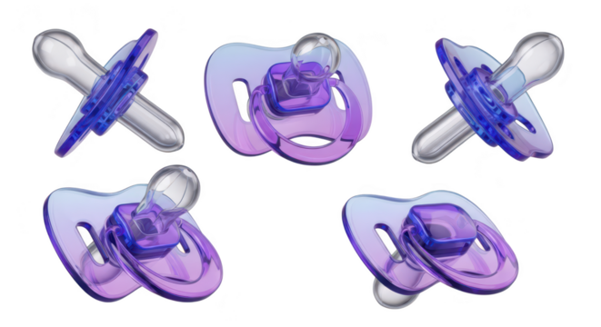 Multiple views of translucent purple baby pacifiers arranged on a white background for product display or advertising of infant supplies