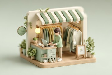 A detailed 3D render of a miniature model of a woman working diligently on a laptop, showcasing a small business owner in action.