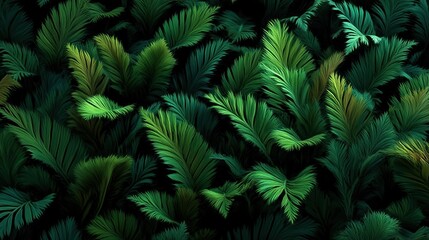 Fototapeta premium Lush Tropical Green Palm Leaves on Black Background for Nature - Inspired Designs