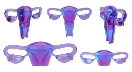 Transparent anatomical models of female reproductive organs in multiple views against a white background suitable for medical education