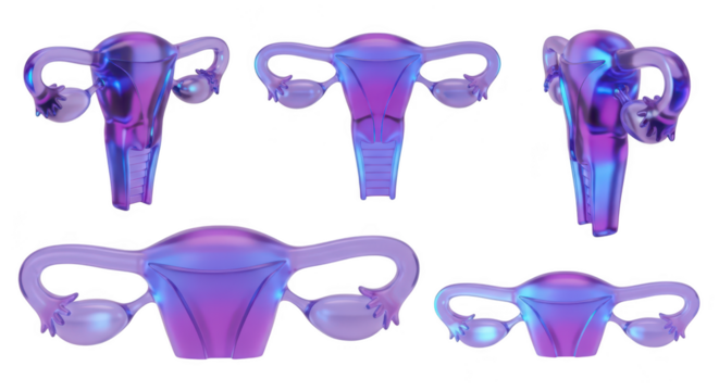Transparent anatomical models of female reproductive organs in multiple views against a white background suitable for medical education