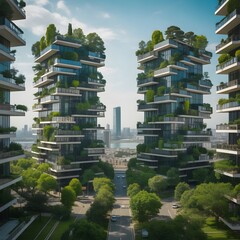 Obraz premium Tall green buildings with layered gardens in a modern cityscape.