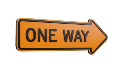 Orange one way street sign with arrow isolated on white background