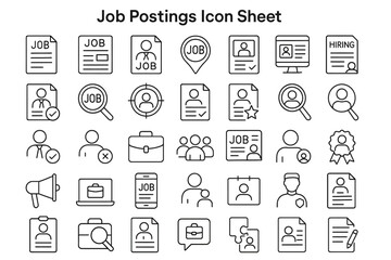 Job Postings Icon Sheet: A collection of detailed job posting icons, perfectly suited for various design projects and websites, capturing essential elements in an clean and modern style.