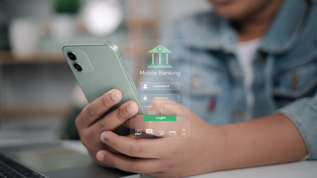 Mobile banking login interface with futuristic holographic design on smartphone, representing digital finance, secure online transactions, and personal finance management. - Powered by Adobe