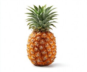Whole Fresh Pineapple with Green Leaves on White Background, Summer Tropical Fruit Still Life with Copy Space