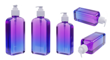 Collection of colored liquid soap dispensers isolated on a white background showcasing skincare or hygiene products