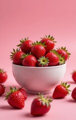 Fresh Strawberries in a White Bowl Against a Pink Background