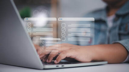 Checklists, documents, and online forms appear in holographic windows as a person types on a laptop, representing digital surveys, data entry, and modern administrative efficiency.