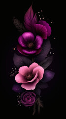 Digital Floral Art with Purple and Pink Flowers and Feathers on Black Background