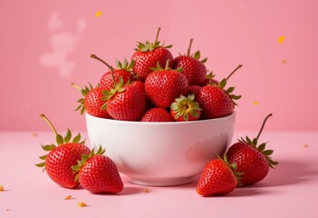 Fresh Strawberries in a White Bowl Against a Pink Background
