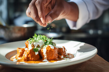 Chef meticulously garnishes a beautifully plated dish with fresh herbs and spices