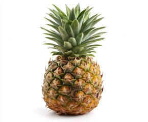 Fototapeta premium Whole Fresh Pineapple with Green Leaves on White Background, Summer Tropical Fruit Still Life with Copy Space