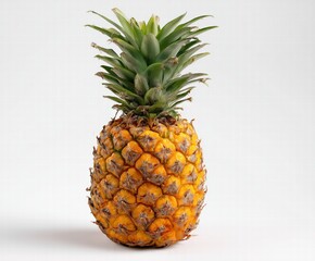 Fototapeta premium Whole Fresh Pineapple with Green Leaves on White Background, Summer Tropical Fruit Still Life with Copy Space