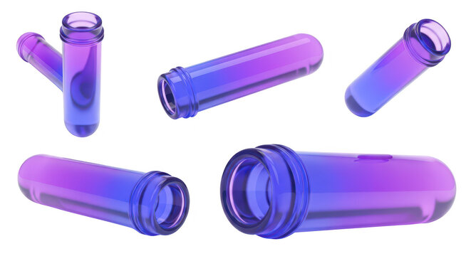 Close-up of multiple transparent plastic preforms arranged with various angles isolated on a white background used for bottle manufacturing