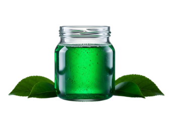 Glass jar filled with green liquid and leaves isolated on transparent background