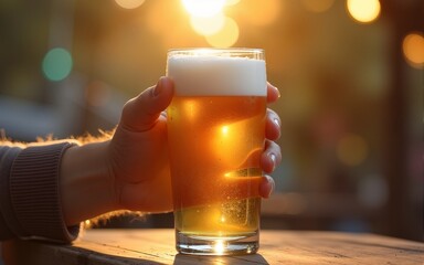 Hand holding a refreshing glass of beer celebrating international beer day. High quality