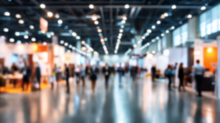 Blurred Trade fair show background, exhibition with booths for business, companies and industry to showcase and demonstrate products and services, for people, partners and customers