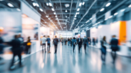 Blurred Trade fair show background, exhibition with booths for business, companies and industry to showcase and demonstrate products and services, for people, partners and customers