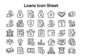 Loans Icon Sheet: A comprehensive icon sheet illustrating various aspects of loans and finance, offering a clean and informative visual guide. 