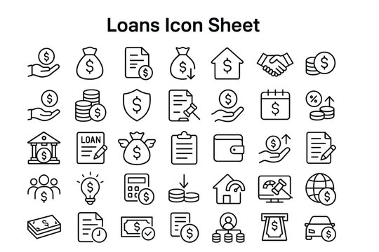 Loans Icon Sheet: A comprehensive icon sheet illustrating various aspects of loans and finance, offering a clean and informative visual guide. 
