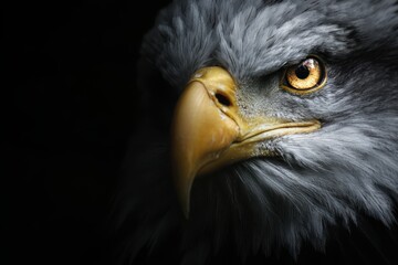 This close-up image captures the majestic head of a bald eagle, showcasing its sharp beak, piercing eyes, and distinctive white feathers.