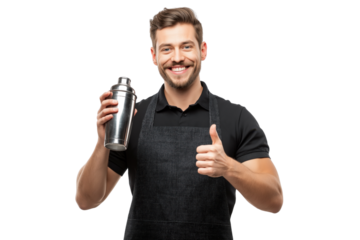 Smiling man bartender holding cocktail shaker giving thumbs up gesture isolated on a transparent background
