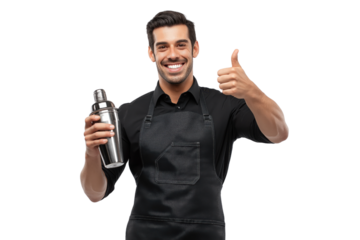 Smiling man in black shirt and apron holding cocktail shaker giving thumbs up isolated on a transparent background