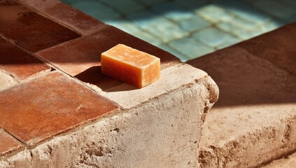 A rectangular amber-hued soap bar rests on a terracotta tile edge near a pool, sunlight casting shadows