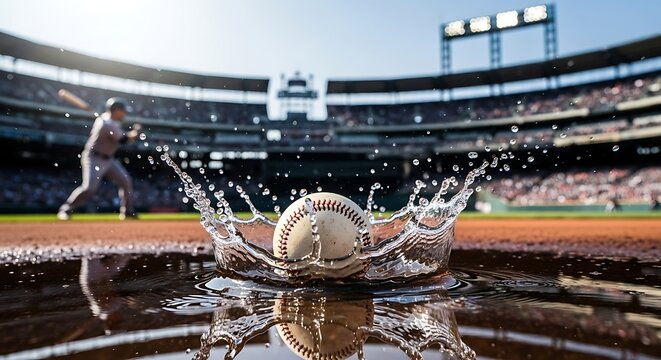 Photo of a baseball creates a water splash in a puddle at a baseball stadium