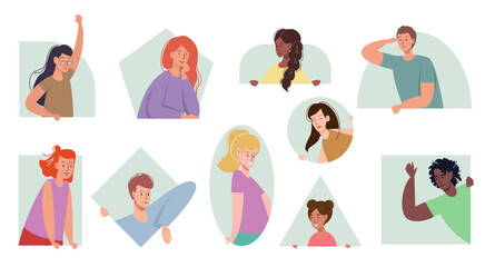 people neighbor happy smiling positive man woman neighbor set people neighbor different shaped frame stay home keep social human communication