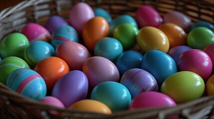 Basket full of colorful, painted easter eggs, some striped, some patterned