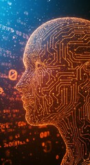A glowing neural network forming a human head, depicting the fusion of technology and mind.