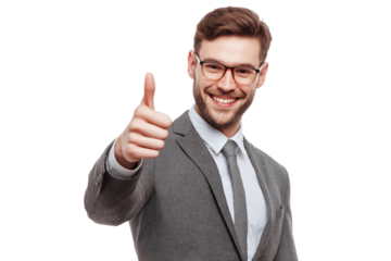 Smiling man in glasses and grey suit giving thumbs up gesture isolated on a transparent background male