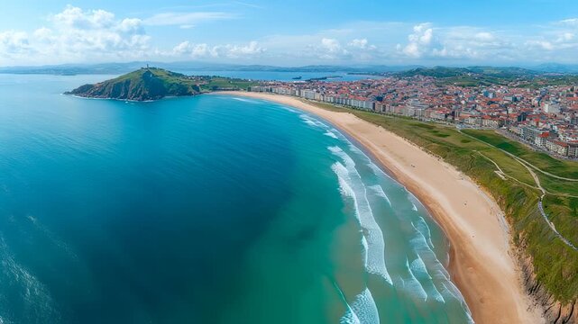 Stunning Aerial View of Zarautz Beach, Basque Country, Spain Captivating Coastal Scenery