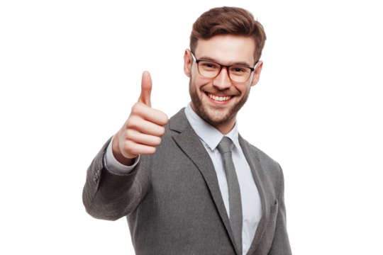 Smiling man in glasses and grey suit giving thumbs up gesture isolated on a transparent background male