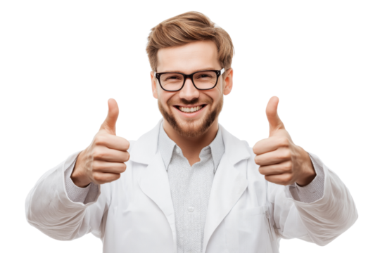 Smiling man in lab coat giving two thumbs up gesture isolated on a transparent background male scientist
