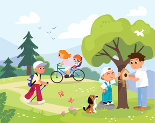 Family and children kids enjoy picnic in summer day walk through the park. Children  have fun outdoors. Kids and parents feed the wildlife enjoying the nature together. People in park. Summer day.