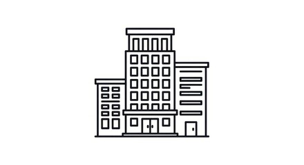 Obraz premium Outline illustration of modern city buildings with detailed windows and doors, showcasing urban life