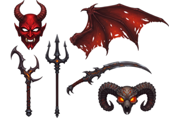 Collection of demonic symbols and creatures isolated on transparent background