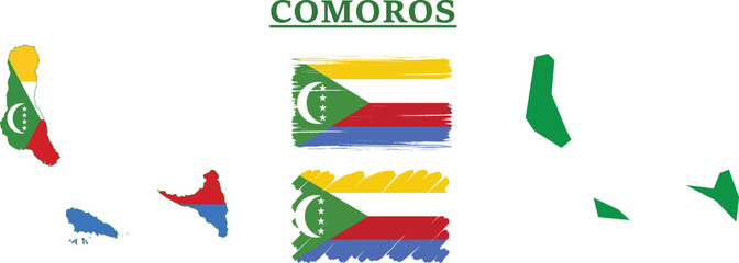 Comoros flag and map set. Comoros flag in official colours and proportions. independence day 6 July, map, rectangular and brush shaped Comoros.