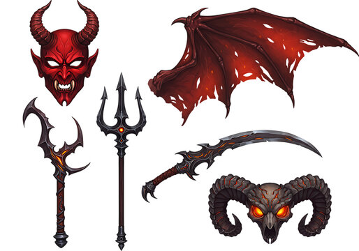 Collection of demonic symbols and creatures isolated on transparent background