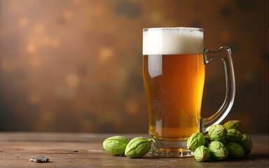 Glass mug of wheat unfiltered beer on a rusty background copyspace and green hops. High quality
