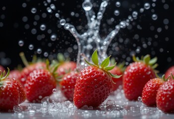 Freshly Washed Strawberries with Water Splashing