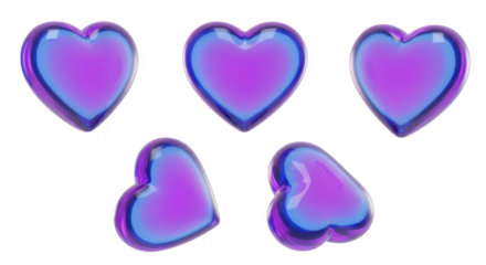 Five translucent iridescent hearts floating against a white background ideal for love romance or Valentine's Day designs