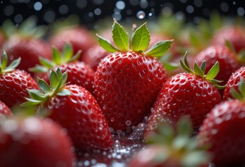 Freshly Washed Strawberries with Water Splashing